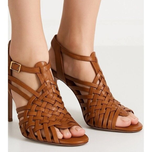 Tory Burch Shoes - Tory Burch Nadia Brown Woven Leather Huarache Sandals Heels Size 9M Logo